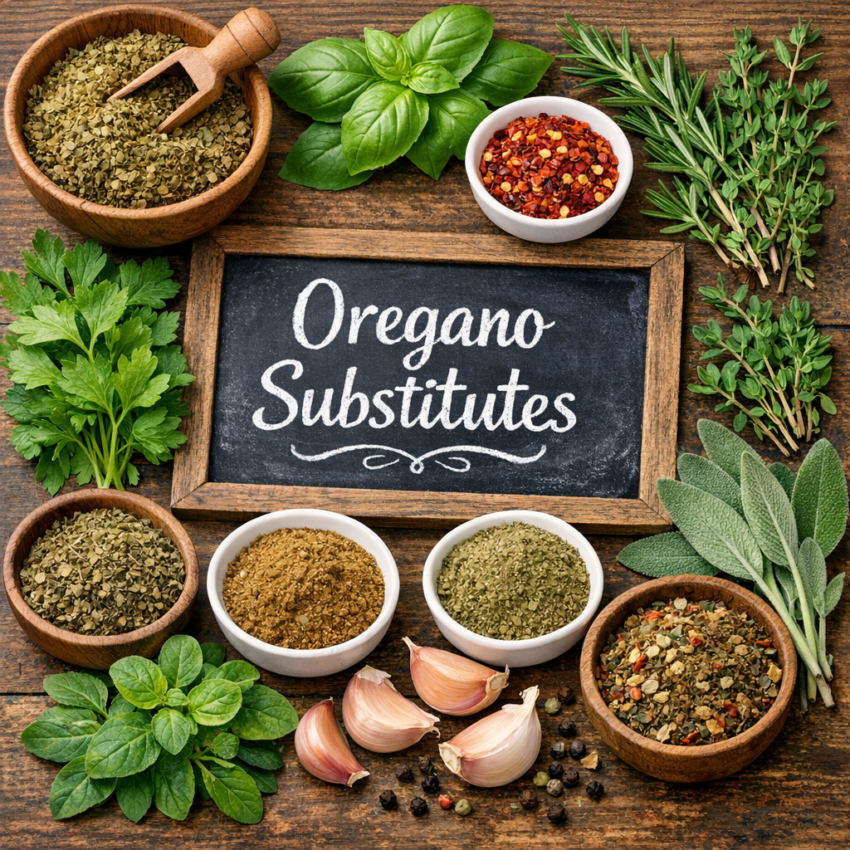 Top-down image of fresh and dried herbs arranged around a chalkboard labeled “Oregano Substitutes,” featuring basil, thyme, marjoram, parsley, sage, Italian seasoning, garlic, and peppercorns on a rustic wooden surface.